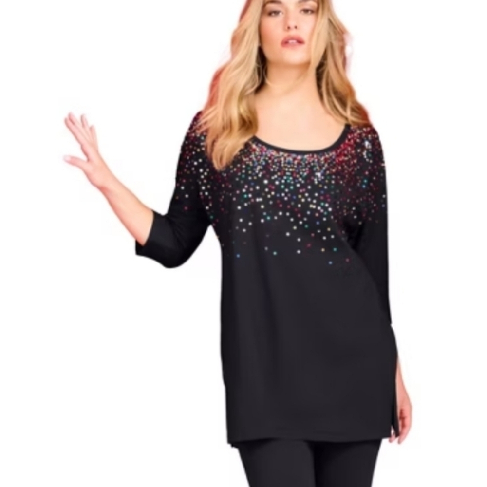 Roaman's Black Three Quarter Sleeve Embellished Sequins Tunic Size Plus 1X
